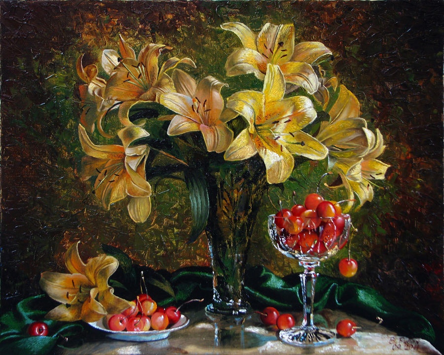 Realism Oil painting Lilies and Cherry by Vitaly Ruban