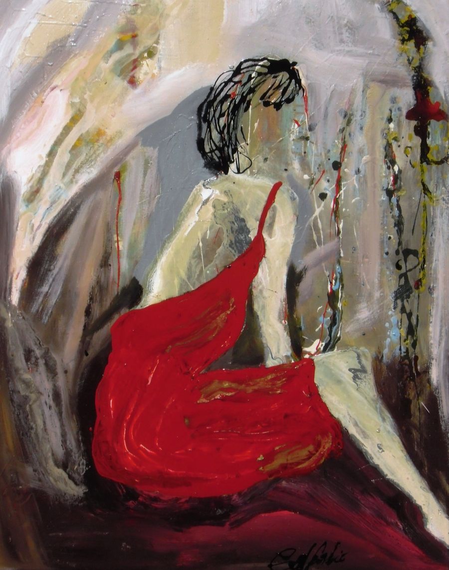 Expressionism Mixed Media painting That woman in red dress by Gisela Gaffoglio