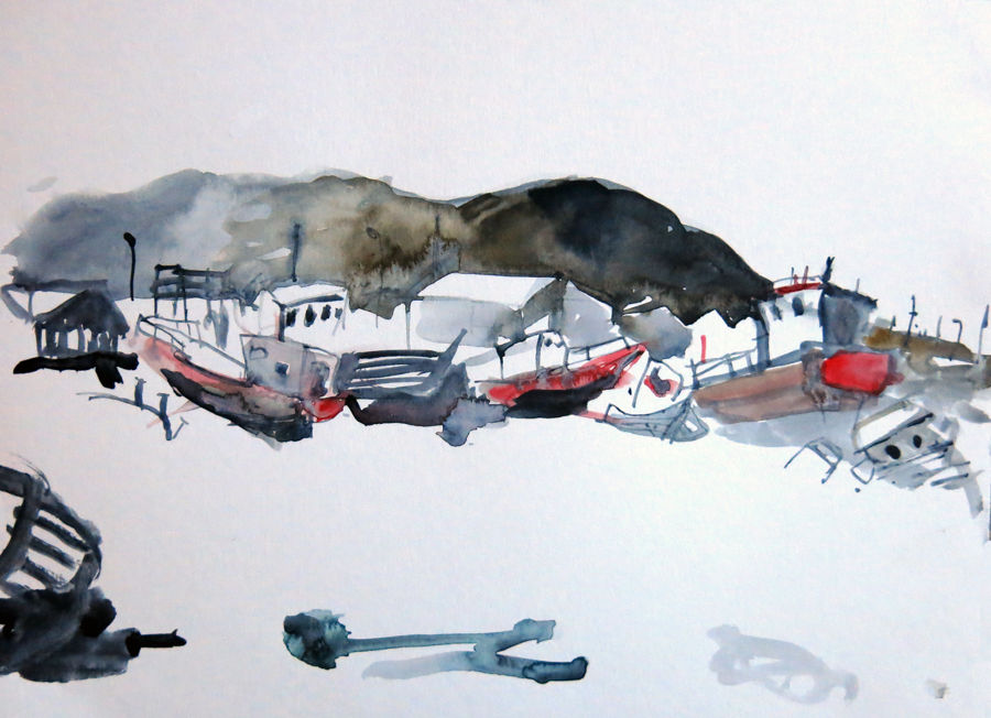 Contemporary Acrylic painting Boat cemetery. by Ewa Okolowicz