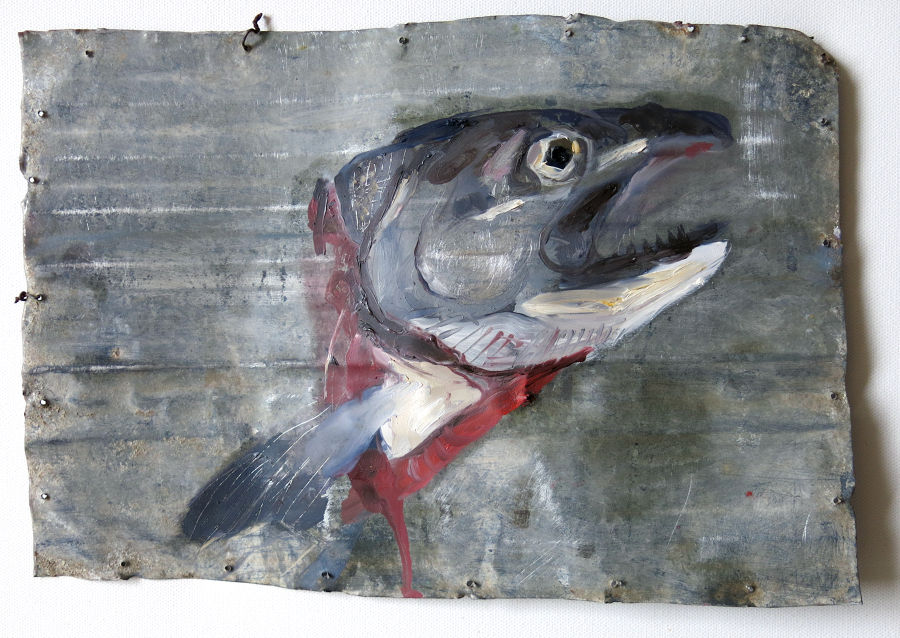 Expressionism Oil painting Salmon a la plancha by Ewa Okolowicz