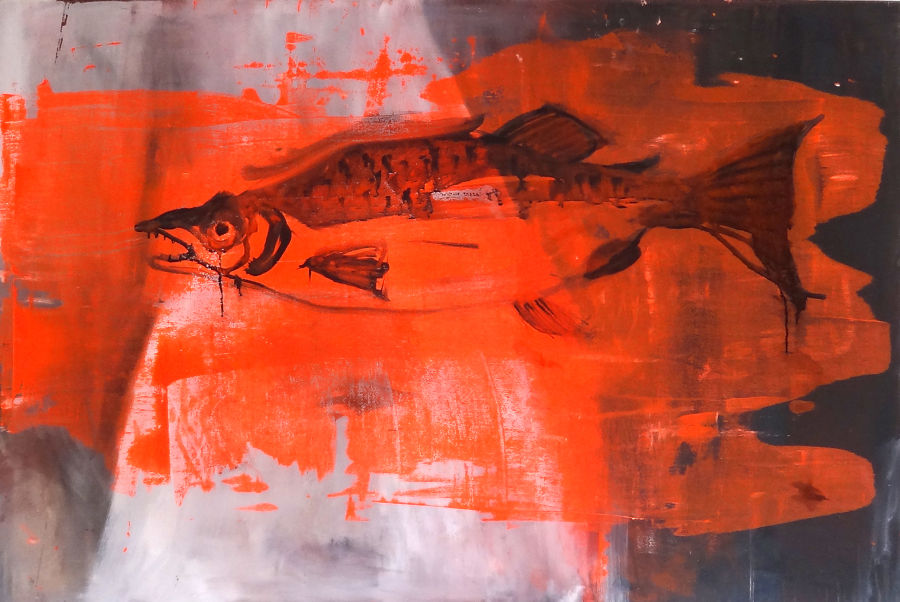 Expressionism Mixed Media painting Big salmon by Ewa Okolowicz
