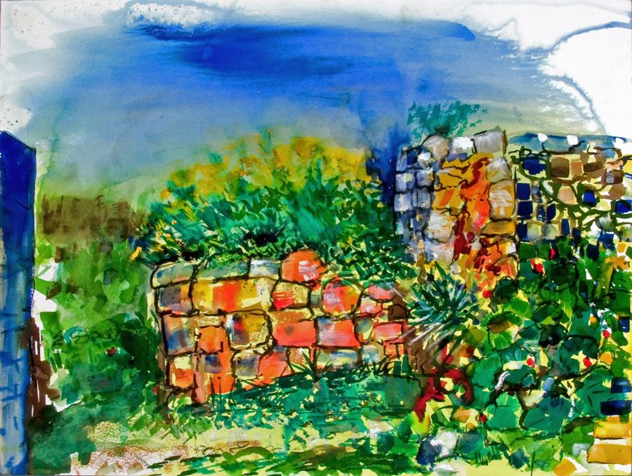 Impressionism Ink painting The Rubble Wall by Pauleen Micallef