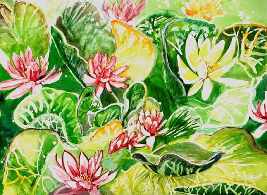 Modern Watercollor painting Floating Lillies by Pauleen Micallef