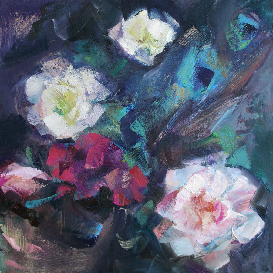 Realism Oil painting Roses and Peacock fFathers by Tensil