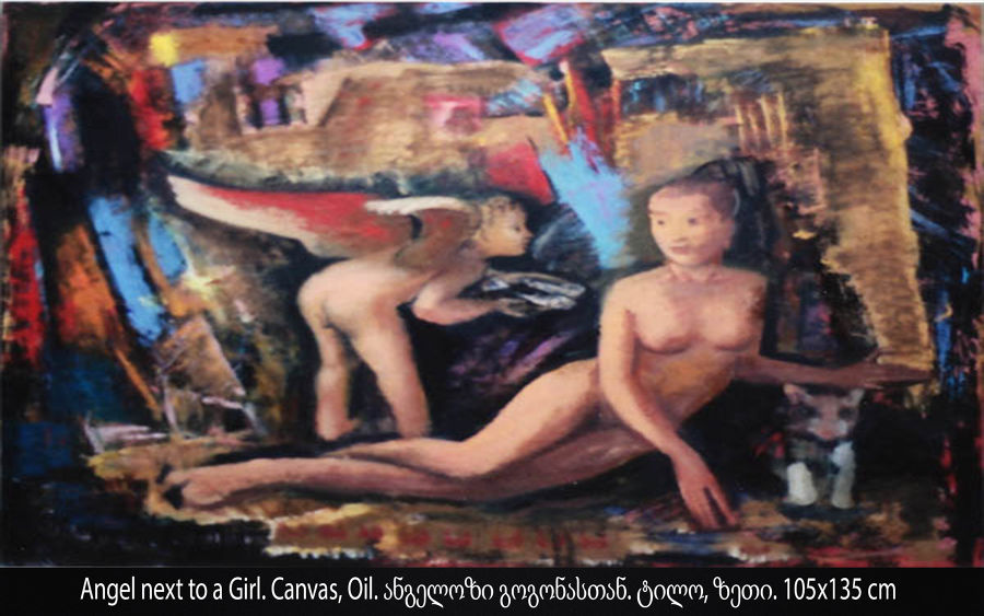 Modern Oil painting Angel next to a Girl by Taras Bibilashvili