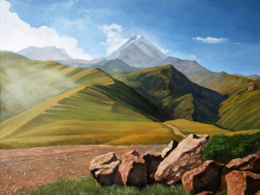 Realism Oil painting Kazbek. View from Gergeti monastery by Alan Albeg