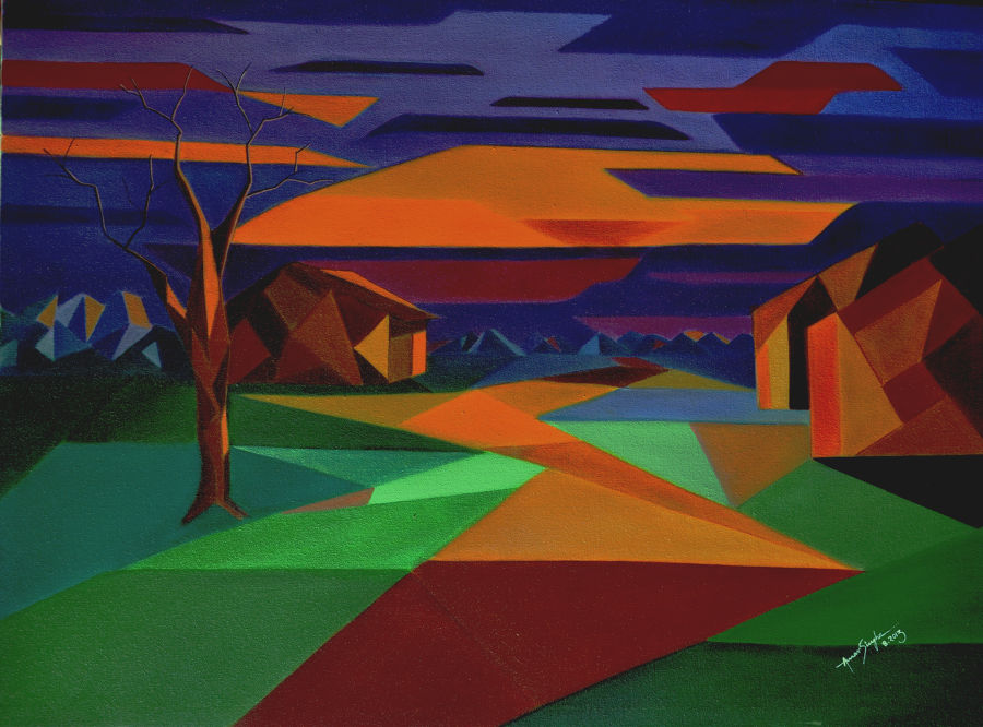 Cubism Oil painting An Evening In Lonely Village by Amar Singha