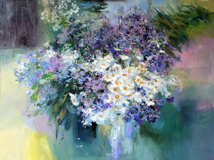 Realism Oil painting Wild Flowers by viktor zhmak
