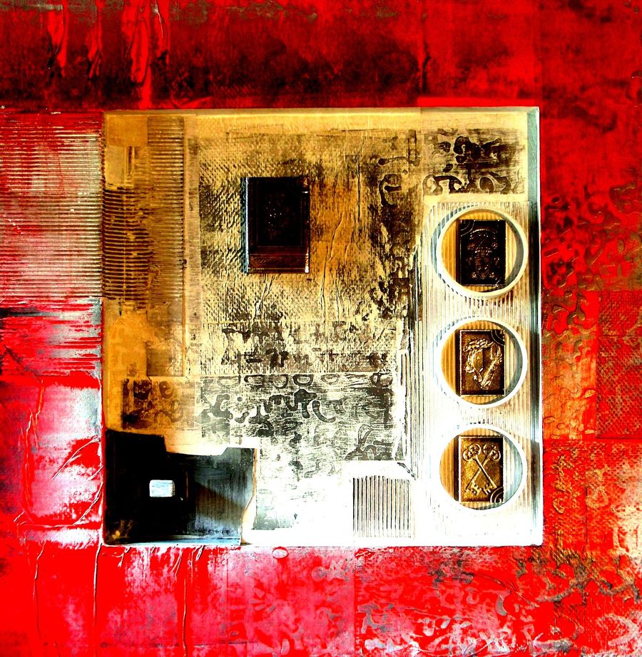 Abstract Mixed Media painting Red White and Matters of Grey 6 by Vivek Rao
