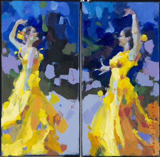 Folk Art  artwork Yellow curtains - diptych by Renata Domagalska