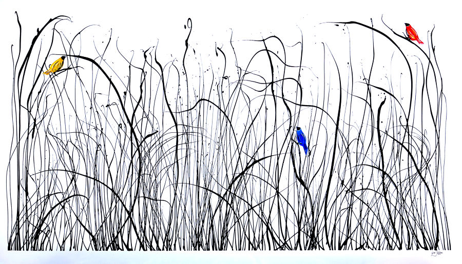 Abstract Acrylic painting Reeds with Birds by Glen Josselsohn
