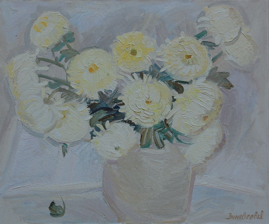 Realism Oil painting Chrysanthemum by Polina Zinoveeva
